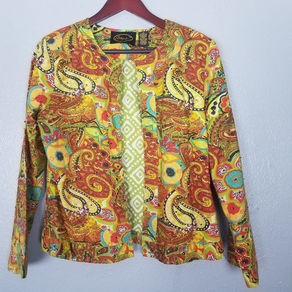 Alex Kim Art To‎ Wear Multicolored Floral Paisley Embroidered  Cardigan Jacket M
